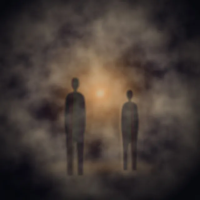 Illustration, not a photograph: two figures standing in silhouette, half lost in drifting haze, lit from behind by a single warm glow