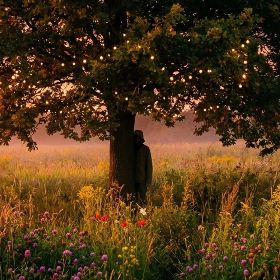 A hooded figure standing alone at the trunk of a large tree strung with warm lights, in a meadow of wildflowers at dusk